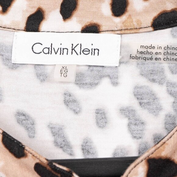 Calvin Klein Leopard Print Blouse Womens XL Roll Tab Sleeve Zipper Front Brown - Picture 5 of 6